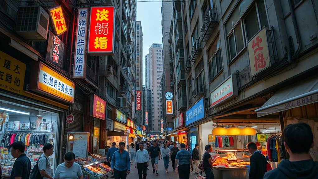 dense neon markets and stalls