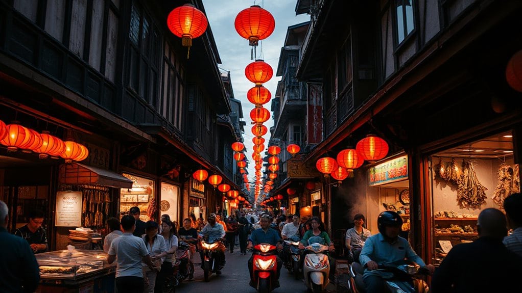 neon lit bustling street food