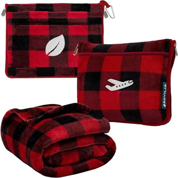 PAVILIA Travel Blanket Pillow Set (Plaid Red)