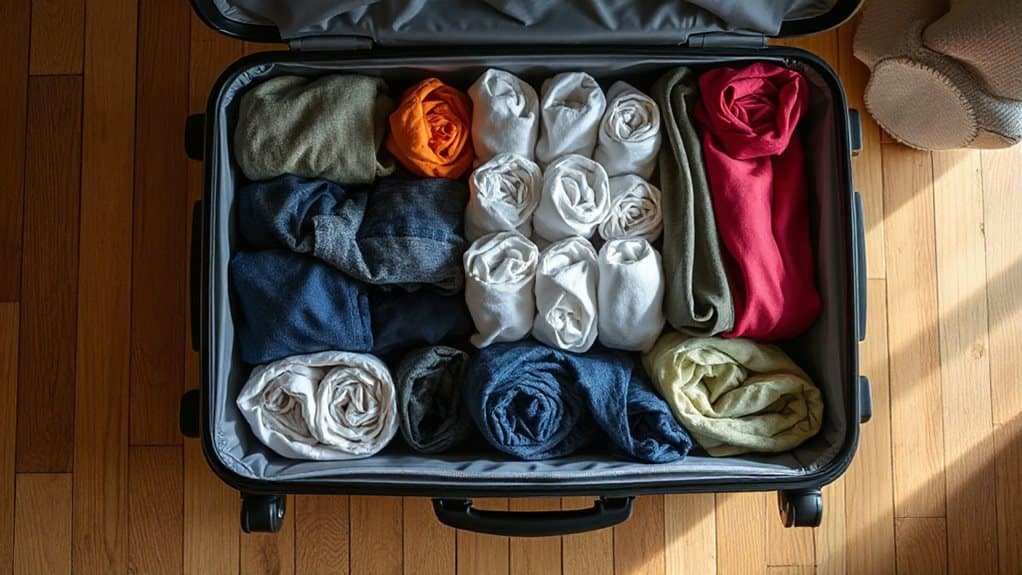 roll garments tightly to compress