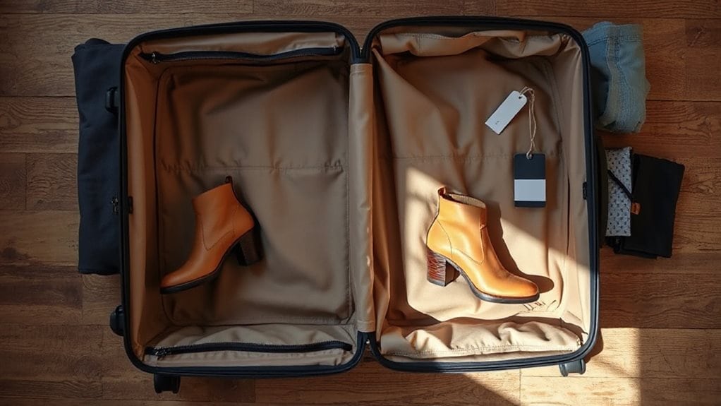 boots in bottom corners heels outward